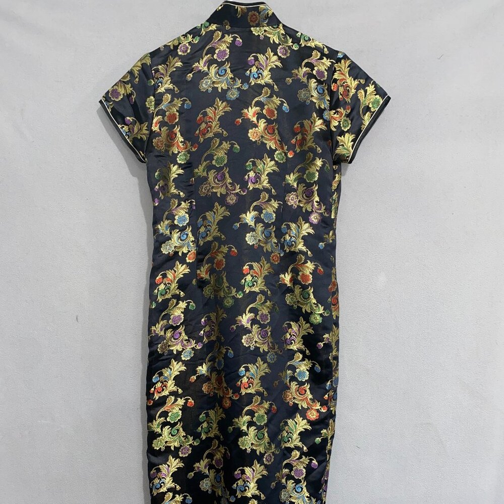 Brocade Cheongsam Qipao Dress Black Gold Floral Mandarin Collar M - Picture 6 of 9